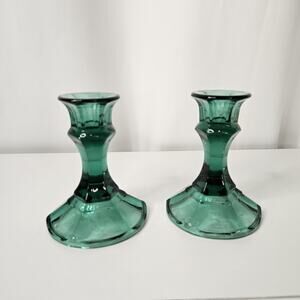 Vintage Indiana Glass Green Candlestick Holders 4.25" Pair Mid-Century Holiday